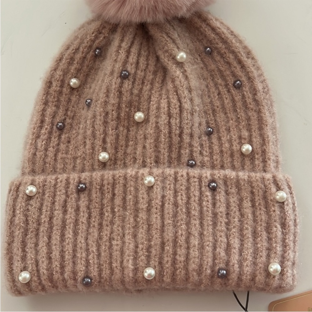 Vince Camuto Pink Beanie with Pom-Pom and Beads - Picture 5 of 9